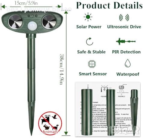 Нов Соларен ултразвуков репелент за градина, двор, ферма отблъсква животни, снимка 5 - Други стоки за дома - 46789859