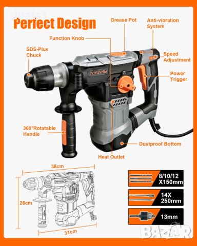 TOPSHAK TS-HD1 110V 1500W 6J 12Ibs. Преносима електрическа перфораторна ударна бормашина, снимка 9 - Бормашини - 46767554