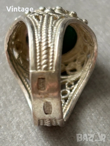Антикварен съветски сребърен пръстен с малахит, снимка 7 - Пръстени - 53260437