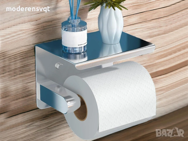 Метална поставка за тоалетна хартия с рафт за телефон за баня, снимка 2 - Органайзери - 53607117