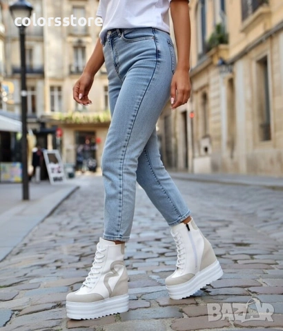 Боти на платформа - бяла кожа със сив велур - BML77 