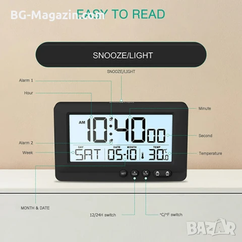 Светещ настолен електронен часовник с температура аларма календар големи цифри на батерии LED, снимка 4 - Други - 51039891