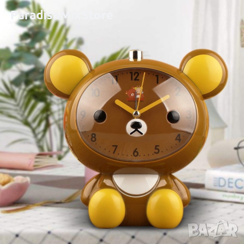 Детски настолен часовник със светлина и функция за будилник с батерии Мече, 15 х 16 см разл. цветове, снимка 1 - Детски - 44995285