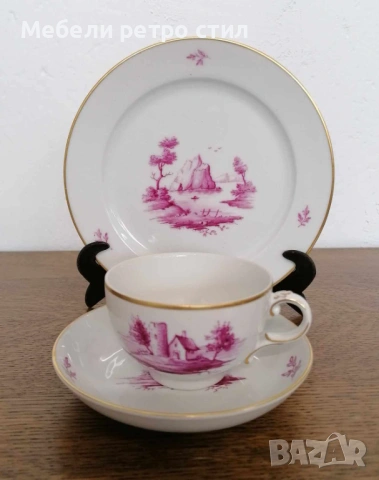 Ръчно рисуван порцеланов сервиз за кафе Purpur Camaieu. 