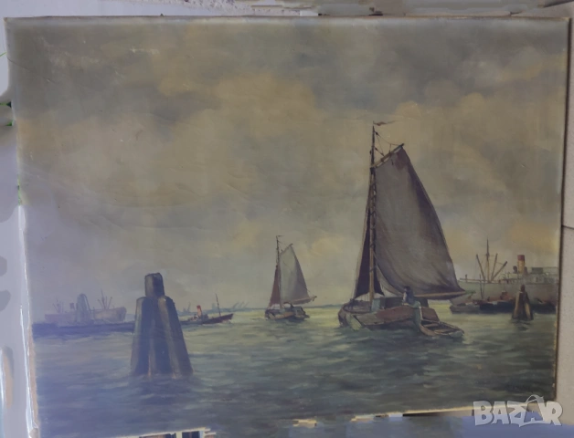 Стара картина XIXв.-Морски пейзаж, маслени бои в/у платно 60/80, снимка 2 - Антикварни и старинни предмети - 53390178