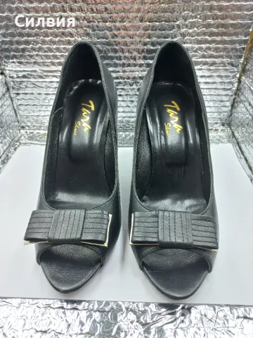 Елегантни дамски обувки на ток, естествена кожа, черни, 36 номер, само веднъж носени, снимка 1
