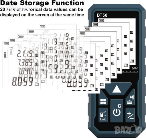 Лазерна рулетка до 50 м., DT50, цифров инструмент за измерване далекомер, голям LCD дисплей с 4 реда, снимка 6 - Други инструменти - 46098992