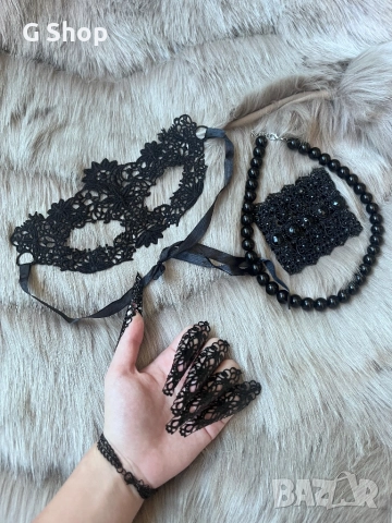 Черна перлена огърлица дантелена маска за лице готик гривна черни кристали черни пръстени, снимка 2 - Гривни - 52426386