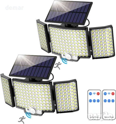 Външни соларни лампи, 212 LED, сензор за движение, 270° ъгъл, 3 режима, IP65, с дистанционно, 2 броя, снимка 1 - Соларни лампи - 48013269