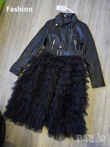 Ново уникално дамско черно кожено яке 2в1