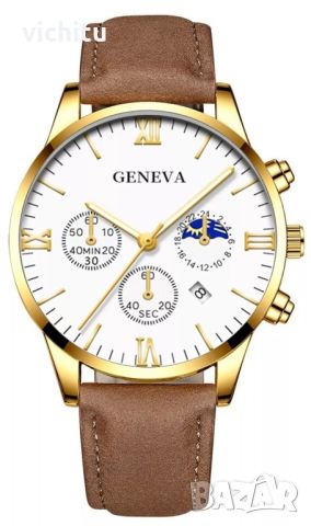 Голям нов мъжки часовник с датопоказател, кафява кожена каишка и корпус в цвят жълто злато.