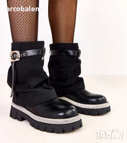 Дамски черни боти до глезена с навита горна част и кристали по краищата от Yemi, снимка 4 - Дамски боти - 52068477