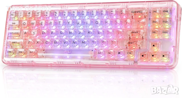 YUNZII X71 безжична механична клавиатура 68% прозрачна RGB BT/2.4G/USB-C розова
