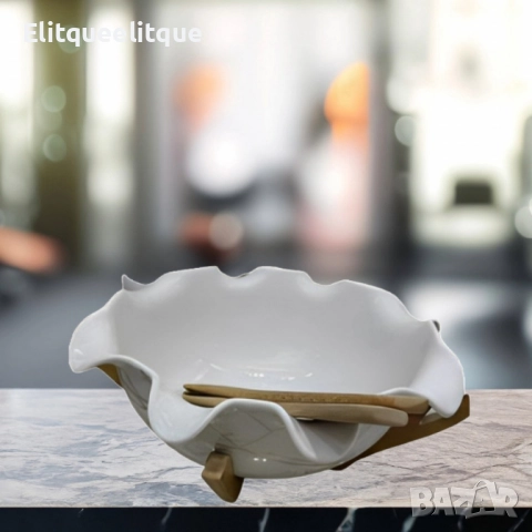 Керамична купа с дървена стойка и прибори за сервиране, снимка 5 - Декорация за дома - 52187177