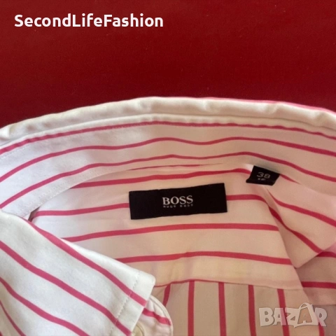 Мъжка риза BOSS с къс ръкав бяло/розово памук размер 38 М, снимка 3 - Ризи - 53119389