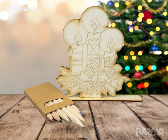 Коледна дървена фигурка за оцветяване със стойка и моливи, снимка 4 - Фигурки - 52276070