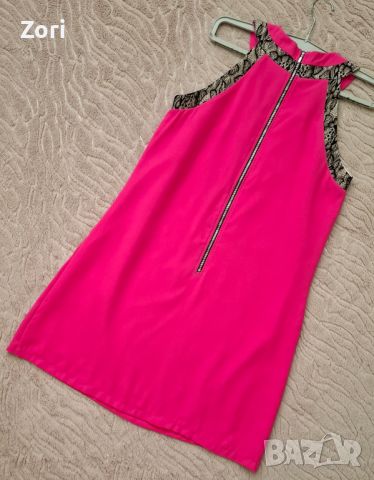 ИЗКЛЮЧИТЕЛНО КРАСИВА рокля суинг в наситен розов цвят с черна дантела около деколтето и ръкавите, снимка 3 - Рокли - 46341813