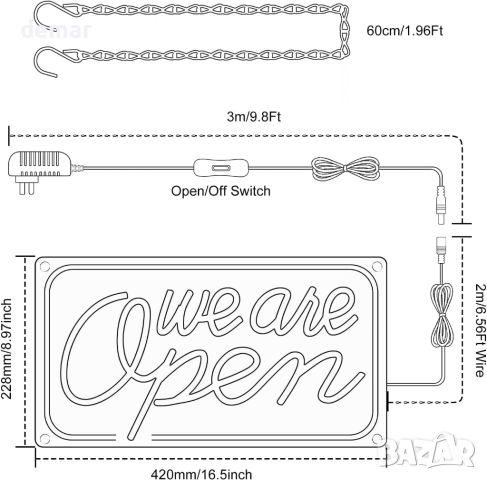 Светодиоден неонов надпис We Are Open, 42 x 23 см, светеща табела за магазин, розово, синьо и жълто, снимка 2 - Други - 46162898