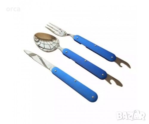 Комплект туристически сгъваеми прибори за къмпинг нож, вилица, лъжица с калъф, снимка 2 - Ножове - 46470229