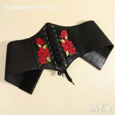 Красив кожен ластичен колан с бродирани рози, снимка 3 - Колани - 48232028