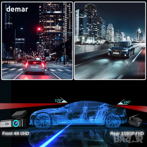 Камера за автомобил отпред и отзад, 4K + 1080P двойна камера, карта 64GB, 5GHz WiFi, снимка 6 - Аксесоари и консумативи - 51483254