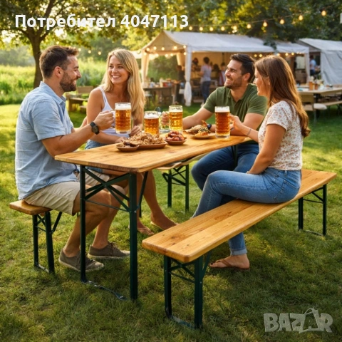 Сгъваем комплект градинска маса с 2 пейки - От чамово дърво, с отвор за чадър