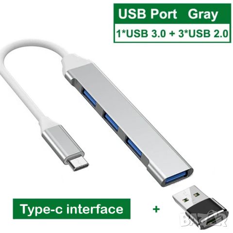 USB HUB + type C interface / 4 портов USB хъб , снимка 2 - Кабели и адаптери - 38942237