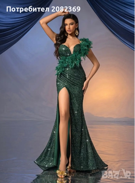 Официална рокля с пера и паети, снимка 1