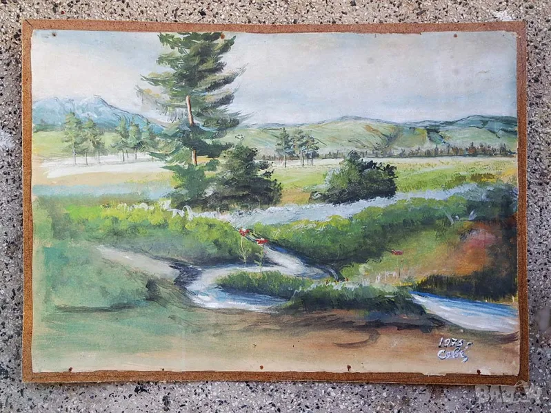 Пейзаж край село Говедарци, Рила планина - стара картина, акварел, 1975г. , снимка 1