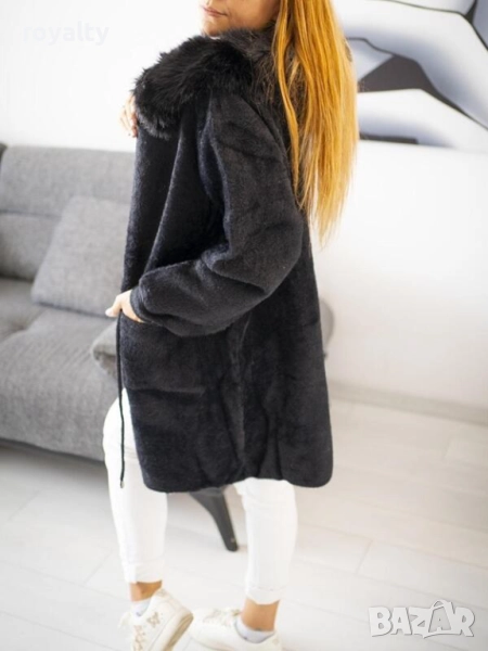 Дамско черно палто от алпака с качулка, снимка 1