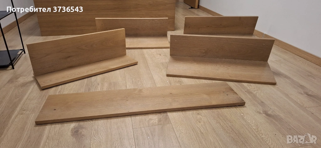 Комплект 4 дървени стенни рафта (2×73, 2×70 см) + 1 декоративен панел 110 см, снимка 1