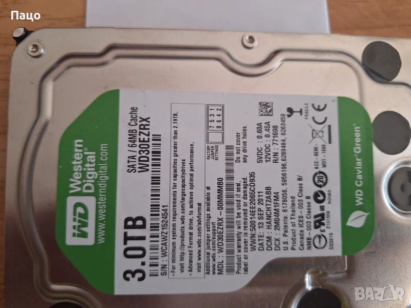 Твърд диск 3TB WD Green WD30EZRX/ //WCAWZ 1524541/, снимка 1