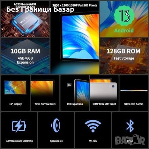 Нов Таблет MUJENYZ 11", 10GB RAM, 128GB ROM, 2K IPS, WiFi 6, Android 13, снимка 7 - Таблети - 45965261