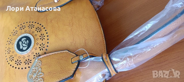 Чанта от висококачествена еко кожа в цвят горчица, с удължаваща се дръжка., снимка 6 - Чанти - 54015078