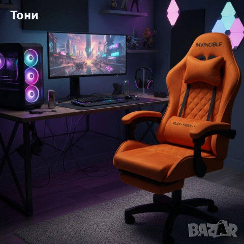 Оранжев велурен геймърски стол с поставка за крака – ергономичен, метална рамка, снимка 4 - Столове - 53239996