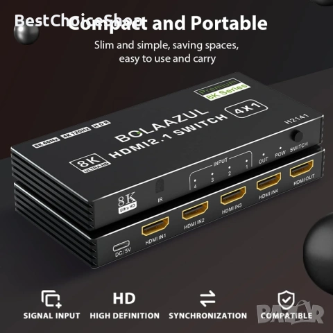 Bolaazul 8K@60Hz HDMI 2.1 сплитер превключвател 4-портов с IR дистанционно, снимка 8 - Кабели и адаптери - 54218194