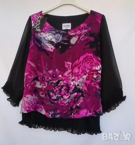 Дамска луксозна  копринена блуза с прозрачни черни ръкави., снимка 2 - Туники - 51826347