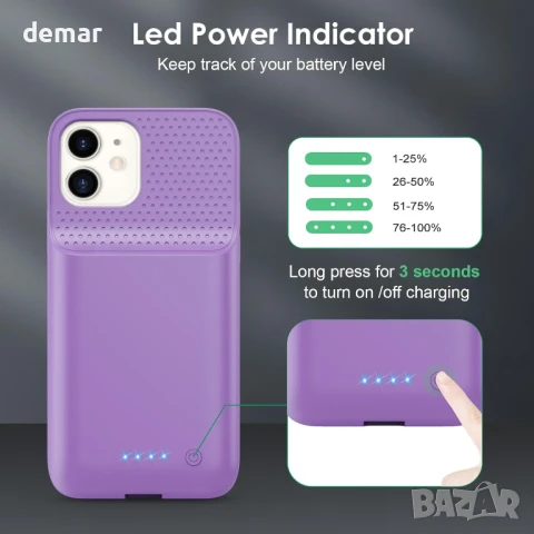 Кейс с батерия Feob за iPhone 12/12 Pro (6.1 инча) - 10800mAh, лилав, снимка 6 - Калъфи, кейсове - 50687684