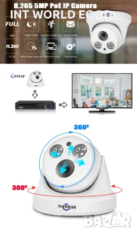 Hiseeu HC615-P-3.6 5MP 1920P POE IP Куполна Камера H.265 аудио ONVIF Motion Detect за PoE NVR iCSee , снимка 3 - IP камери - 50322352