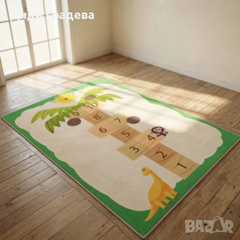 Детски килим за игра 120х160см - Жълт килим с планети и дама, противоплъзгащ и миещ се, снимка 6 - Други - 53882680