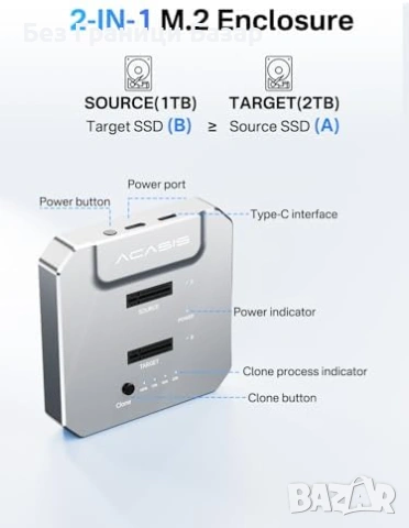 Нов ACASIS NVMe M.2 Дубликатор USB-C Док Станция 10Gbps за бързо клониране, снимка 2 - Друга електроника - 54089938
