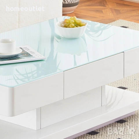 ПРОМОЦИЯ Холна маса в бяло с гланцово покритие, закалено стъкло 100 x 60 x 35 см C-BCT021WH, снимка 2 - Маси - 51616851