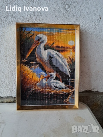 Диамантен гоблен щъркел-готов и рамкиран, снимка 3 - Гоблени - 50444260