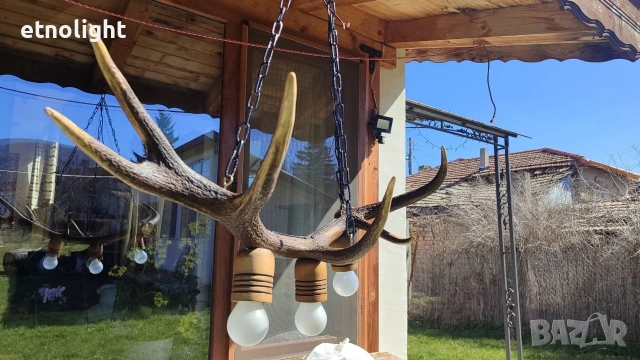 Ръчно изработен полилей от рога на елен с ръчно изработени дървени чашки , снимка 2 - Полилеи - 53334322