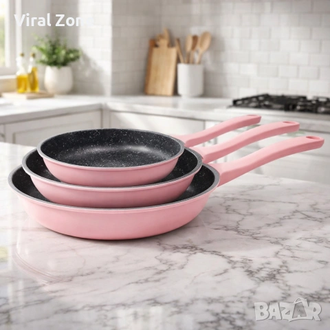 Комплект тигани Cheffinger розово с мраморно покритие – 3 части за всяка кухня - розов цвят, снимка 6 - Други стоки за дома - 53170801