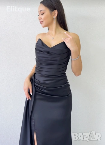 дълга сатенена рокля с цепка , снимка 2 - Рокли - 53194689