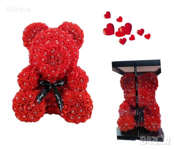 Луксозно мече от рози покрито с блестящи камъчета в елегантна подаръчна кутия, снимка 2 - Романтични подаръци - 52745106