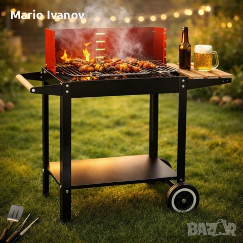 Градинско барбекю на колела, емайлирана стомана, 4 степени + Подарък 3 прибора, снимка 4 - Барбекюта - 53380001