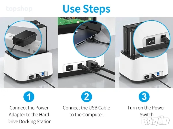 НОВА докинг станция Vultech 2 слота 2 Slot HDD SATA 2,5 / 3,5 за клониране, Usb 3.0 Бяла, снимка 5 - Кабели и адаптери - 50542494