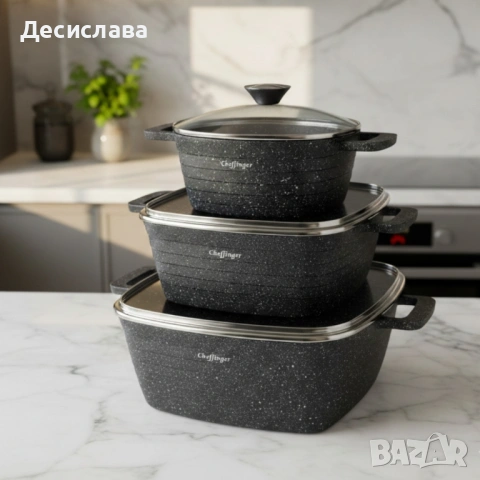 Комплект тенджери – Cheffinger от 3 части с мраморно покритие и капаци + подарък 2 ръкавици, снимка 3 - Съдове за готвене - 53136207